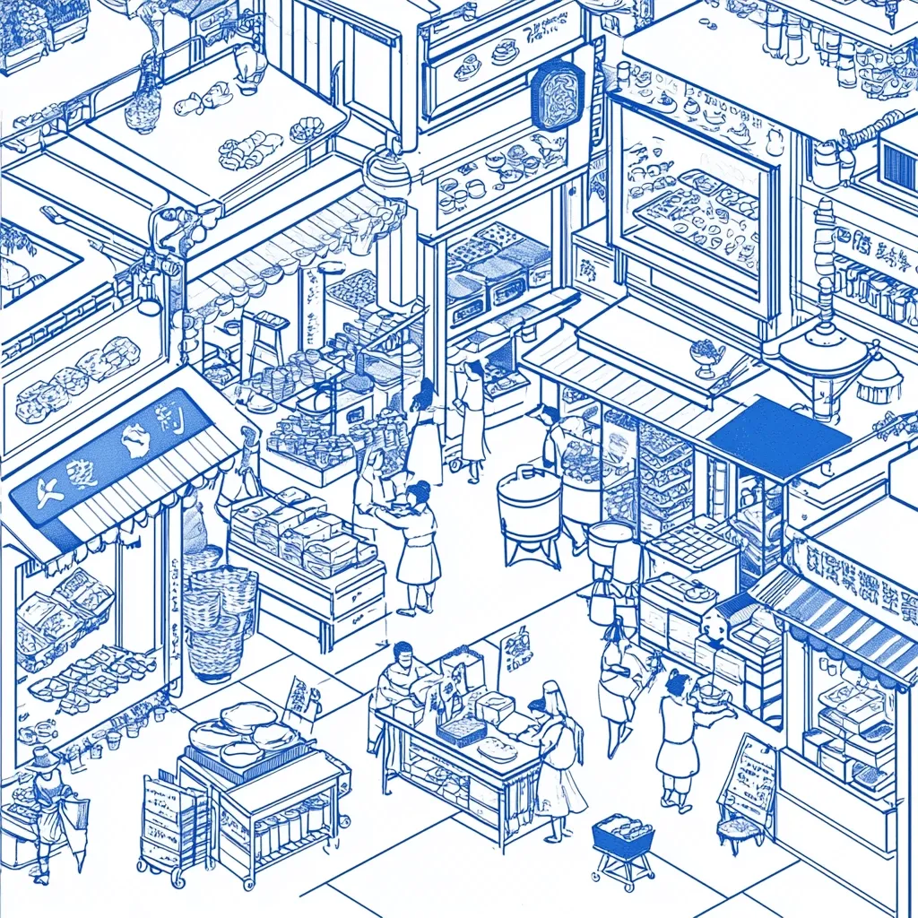 A detailed isometric line drawing depicts a bustling Asian street market. Numerous vendors sell various goods from individual stalls, with shoppers navigating the busy pathways.  The illustration uses a consistent blue-line style, reminiscent of blueprints, showcasing the intricate details of each stall's offerings and the overall market's layout. The scene is vibrant and densely packed, capturing the energy of a lively marketplace.