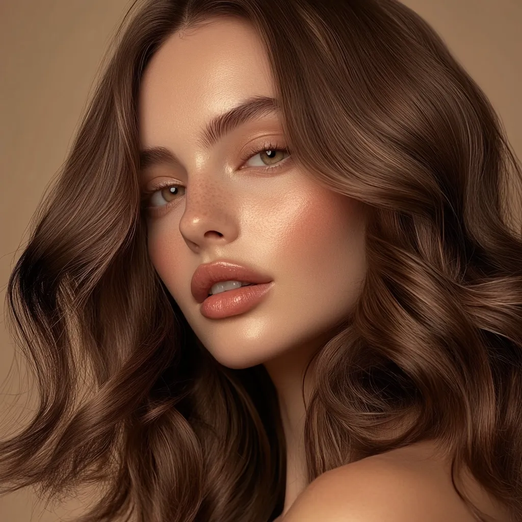 Close-up portrait of a young woman with long, wavy brown hair.  Her makeup is subtly highlighted, emphasizing her natural beauty.  She has light skin with freckles and wears a soft, neutral lip color. The overall style is elegant and sophisticated, showcasing her radiant complexion.