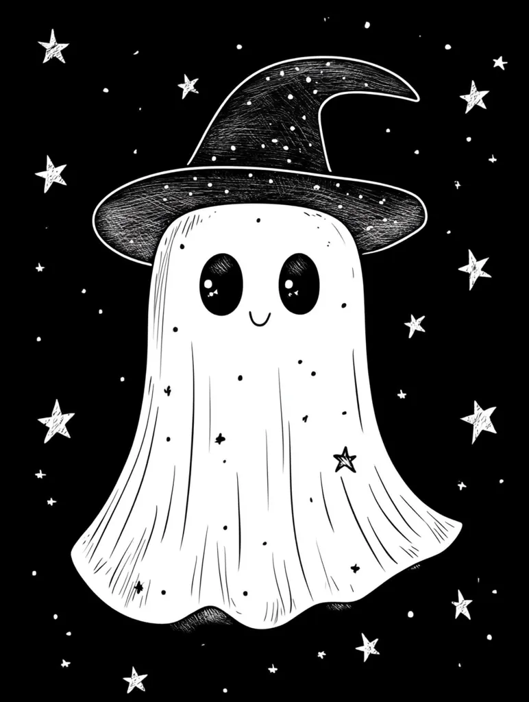 A cute, cartoon ghost wearing a witch's hat floats against a black starry background.  The ghost has large, expressive eyes and a small, happy smile.  The drawing is done in a black and white, hand-drawn style, with a textured effect on the hat and ghost's body.  Small stars are scattered around the ghost, adding to the Halloween theme.
