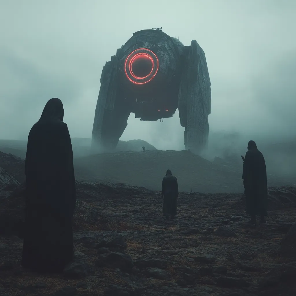 A colossal, dark grey spacecraft looms over a desolate, misty landscape.  Three cloaked figures stand silhouetted against the eerie scene, their backs to the viewer, observing the enigmatic vessel.  The spacecraft's central feature is a large, glowing red ring. The overall atmosphere is one of mystery and impending event.