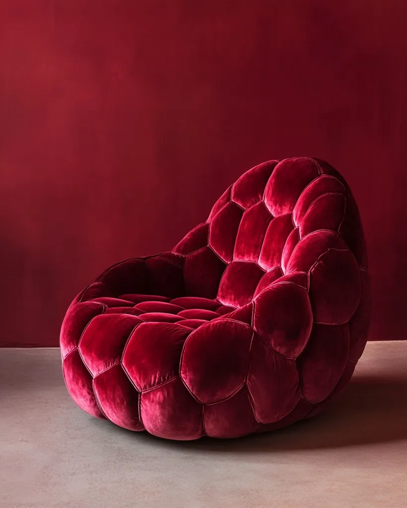 A plush, crimson velvet armchair commands attention against a deep red wall.  Its unique design features a series of quilted, hexagonal cushions creating a textured, almost sculptural form.  The chair sits on a light grey floor, offering a striking contrast to its rich color and luxurious fabric.  The overall impression is one of opulent comfort and bold design.