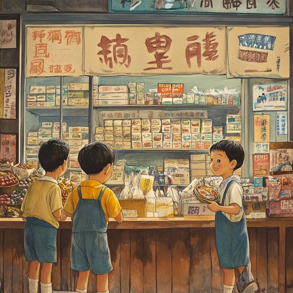 Three young boys stand before a bustling Asian grocery store. Shelves are stocked with various goods, and a sign above displays the store's name in Chinese characters. The artwork's style is reminiscent of vintage illustrations, with warm colors and detailed depictions of the store's interior and the children's clothing.  A boy on the right holds a box of pastries. The scene evokes a nostalgic feeling of a simpler time.