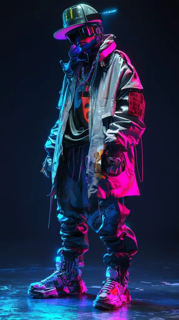 A futuristic figure, clad in a grey-silver jacket and dark pants, stands against a dark backdrop illuminated by vibrant pink and blue neon lights.  The individual wears a unique hat and goggles, and futuristic, chunky footwear.  The outfit incorporates distressed textures and technological elements, creating a cyberpunk aesthetic. The pose suggests a confident and stylish attitude.