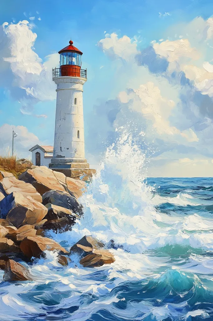 A vibrant oil painting depicts a white lighthouse with a red roof standing tall against a dramatic backdrop of crashing waves.  The lighthouse is situated on rocky shores, with powerful ocean waves surging against the rocks, creating a dynamic interplay of water and stone. The sky is a bright, sunny blue with fluffy white clouds, adding to the painting's lively and energetic atmosphere.