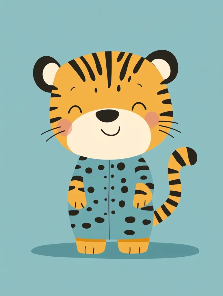 A cute cartoon tiger cub is depicted wearing a teal, polka-dotted onesie.  The tiger has orange fur with black stripes, rosy cheeks, and a happy expression.  Its pose is standing, hands tucked into the pockets of its outfit, with a playfully curled tail. The background is a pale teal. The overall style is simple and charming, suitable for children's illustrations or apparel.