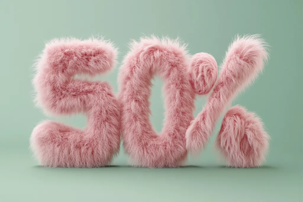 A fluffy, pink, 3D rendering of "50%" sits on a light green background.  The numbers and percentage symbol are styled with a long, soft, plush texture, giving a cute and whimsical feel. The image is likely used for advertising or promotions, emphasizing a 50% discount or sale.