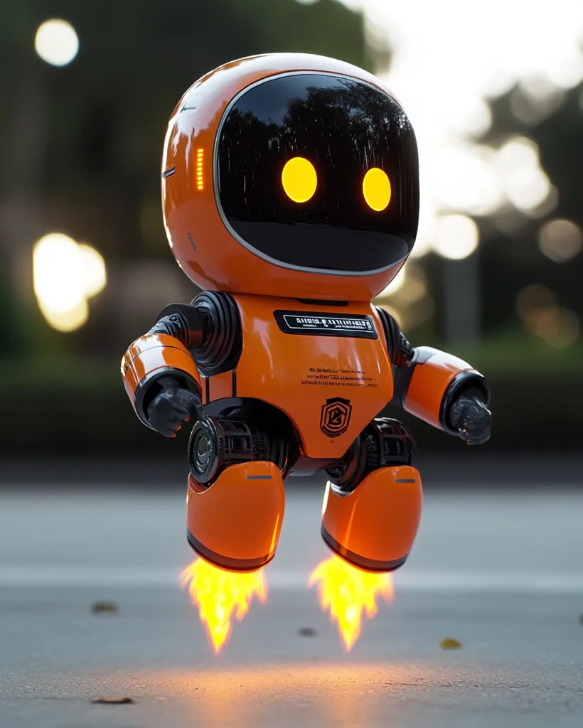 A cute, orange robot with glowing yellow eyes is depicted in mid-air, propelled by small, fiery thrusters on its legs.  The robot has a rounded, almost chibi-like design, and its body displays small, intricate mechanical details. The background is blurred, suggesting an outdoor setting with bokeh lights.  The overall image is bright and cheerful.