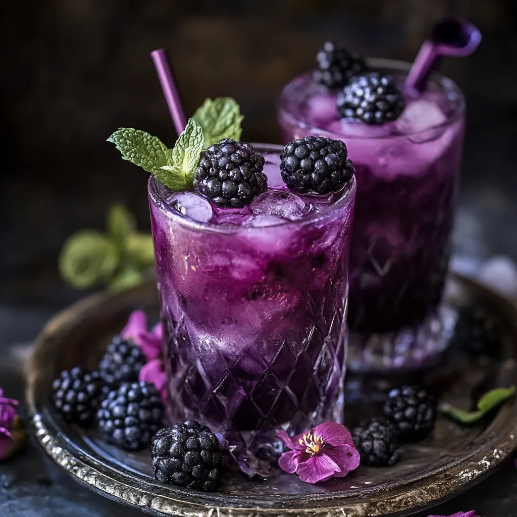 Two glasses of vibrant purple blackberry iced drinks are the focus, garnished with fresh mint and blackberries.  Ice cubes are visible within the drinks. The glasses sit on an ornate silver tray surrounded by additional blackberries and purple flowers, creating a visually appealing and refreshing scene. The dark background enhances the drinks' rich color.