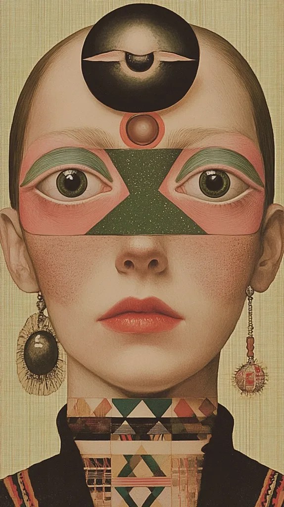 A stylized portrait of a woman with a bald head, adorned with geometric shapes and patterns on her face and neck.  Large, expressive eyes are framed by pastel makeup.  A dark circular element sits atop her forehead, and intricate earrings dangle from her ears.  The overall style is reminiscent of surrealist and folk art traditions, creating a striking and enigmatic image.