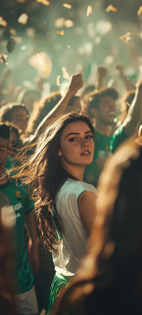A young woman with long brown hair stands out amidst a blurred crowd of cheering people.  Confetti rains down as the crowd celebrates. She's wearing a white shirt and a green pleated skirt, her gaze directed toward the viewer. The overall atmosphere is vibrant and energetic, suggesting a lively event or celebration.  The scene is bathed in warm, golden light.