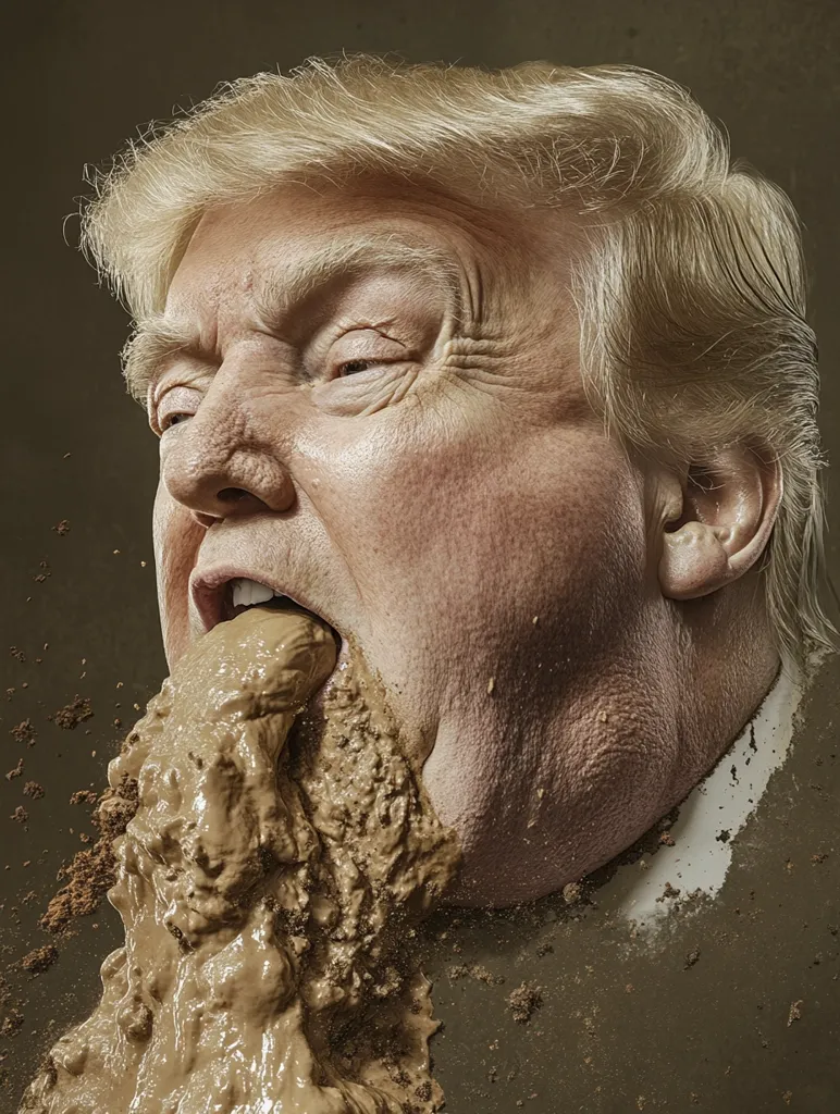 A stylized portrait of Donald Trump.  His face is partially submerged in mud, a thick stream of mud pouring from his open mouth onto his chin and neck. The image is dark and gritty, creating a powerful and unsettling visual commentary.  The expression on his face is one of disgust, or perhaps resignation. The overall effect is shocking and provocative.