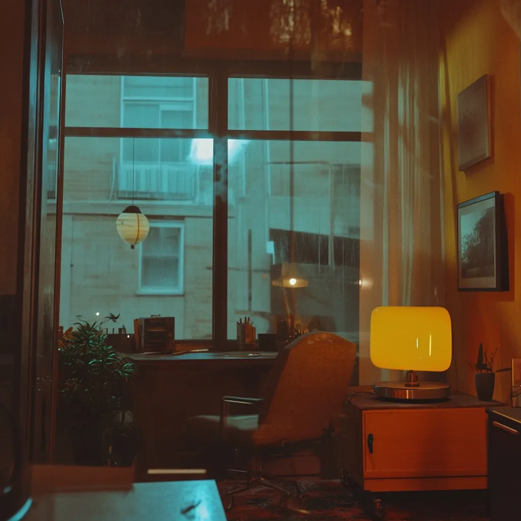 A dimly lit room at night, viewed from across a desk.  A large window reveals a rain-washed cityscape.  A yellow lamp illuminates a small, orange side table.  A chair sits at a desk cluttered with items.  A hanging paper lantern casts a soft glow.  The overall atmosphere is moody and tranquil.