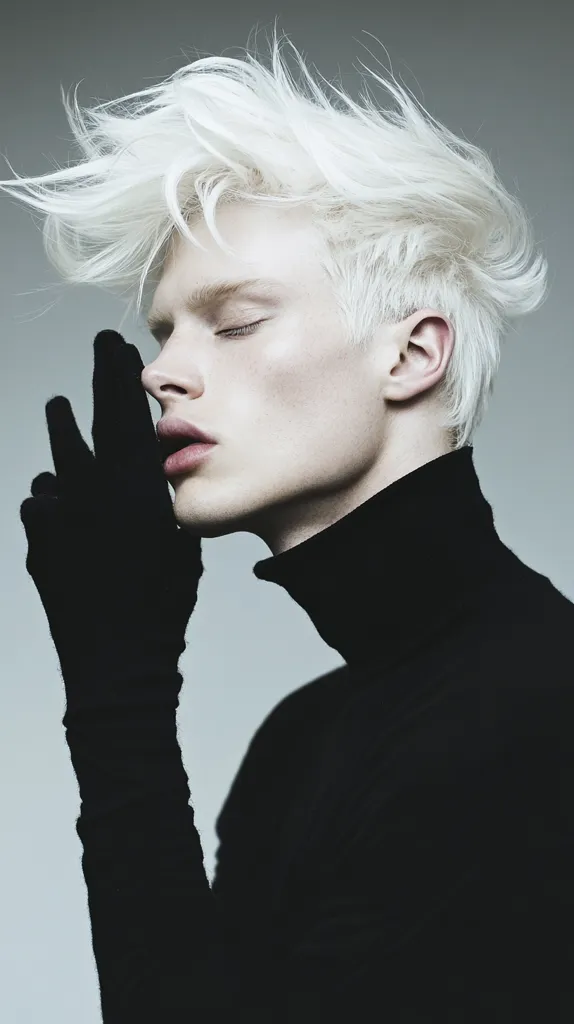 A young man with striking platinum blonde hair styled in a tousled, textured fashion. He wears a black turtleneck sweater and long black gloves, one hand gently raised to his face. His pale complexion and closed eyes create a serene and almost ethereal mood. The image is stark, with a minimalist gray background enhancing the subject’s striking appearance. The overall aesthetic is fashion-forward and androgynous.