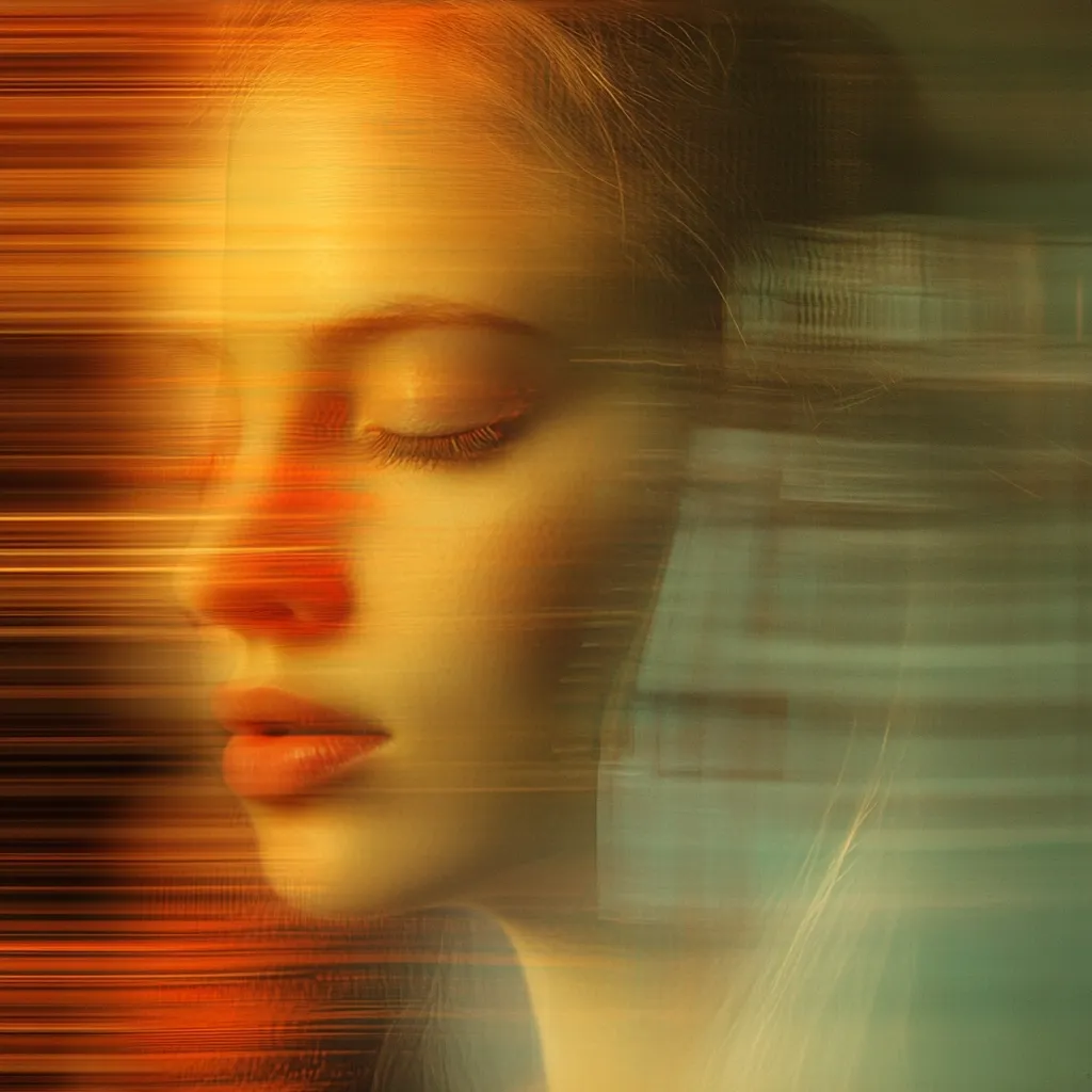 A close-up portrait of a young woman with her eyes closed, bathed in warm, golden light.  The image is stylized with motion blur, creating streaks of orange and green across her face and hair.  The effect evokes a sense of tranquility and dreamy introspection, blurring the lines between reality and imagination.  Her expression is serene and peaceful.