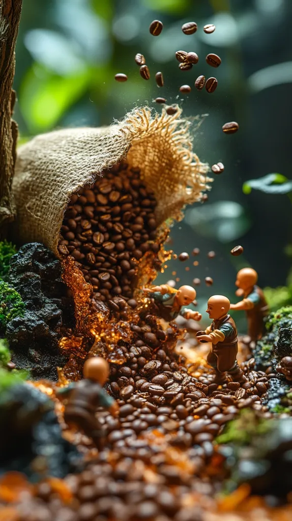 A burlap sack overflows with roasted coffee beans, cascading down a mossy landscape.  Tiny figurines are depicted working amidst the beans, creating a whimsical scene.  Coffee beans are also airborne, adding to the dynamic feel of the image. The overall effect is one of rich color and playful artistry.