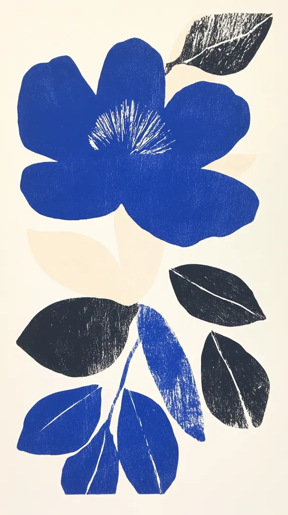 A vibrant linocut print showcases a stylized floral arrangement. A prominent, cobalt blue flower takes center stage, its petals rendered with textured strokes, complemented by off-white and dark blue leaves. The interplay of bold colors and simplified forms creates a modern, visually striking piece. The artist's use of texture enhances the overall aesthetic appeal.  The off-white background provides a clean contrast to the bold blue and dark accents.