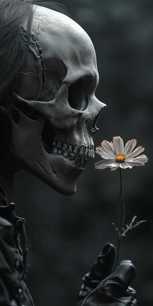 A grayscale image showcases a skull-faced figure, seemingly female, delicately holding a single cosmos flower.  The skull is intricately detailed, appearing almost human-like in its expression as it gently inhales the flower's scent.  The contrast between the dark skull and the light flower creates a striking visual, suggesting themes of life and death, beauty and decay. The figure's dark clothing adds to the overall somber atmosphere.