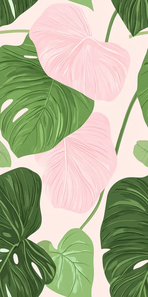 A seamless pattern featuring large, stylized leaves in shades of pink and green.  The pink leaves have a delicate, almost petal-like texture, contrasting with the bold, deeply veined green leaves. The background is a soft pastel pink, enhancing the vibrant colors of the foliage. The design evokes a sense of tropical tranquility and would be suitable for various applications.