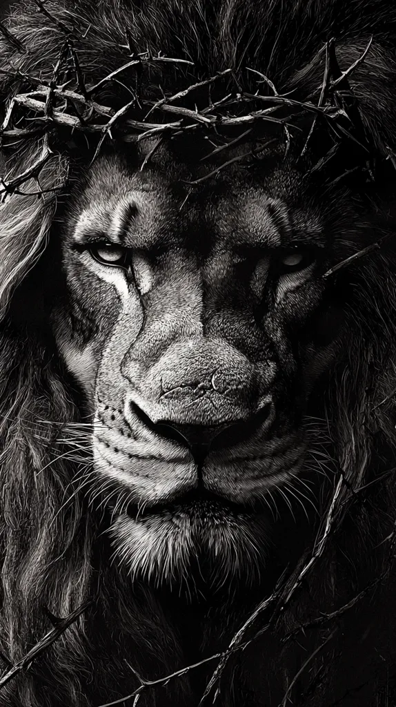 A powerful black and white close-up depicts a lion's head, its intense gaze meeting the viewer's.  A crown of thorns rests upon its mane, creating a striking juxtaposition of regal strength and suffering.  The image is highly detailed, showcasing the texture of the lion's fur and the intricate thorns.  The overall effect is dramatic and evocative.