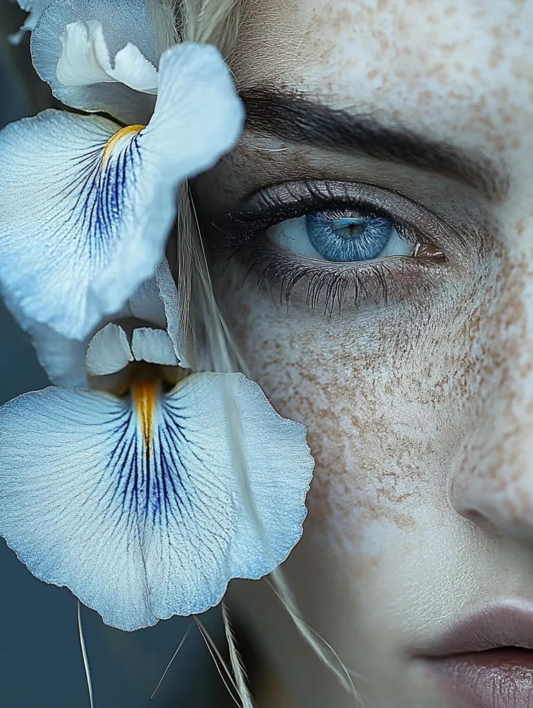 Close-up of a woman's face, partially obscured by delicate light blue irises. Her striking blue eye is prominent, accentuated by subtle makeup.  Her skin features a unique pattern of light freckles or markings. The overall aesthetic is ethereal and delicate, blending natural beauty with artistic composition.  The soft lighting enhances the textures of both the skin and the flowers.