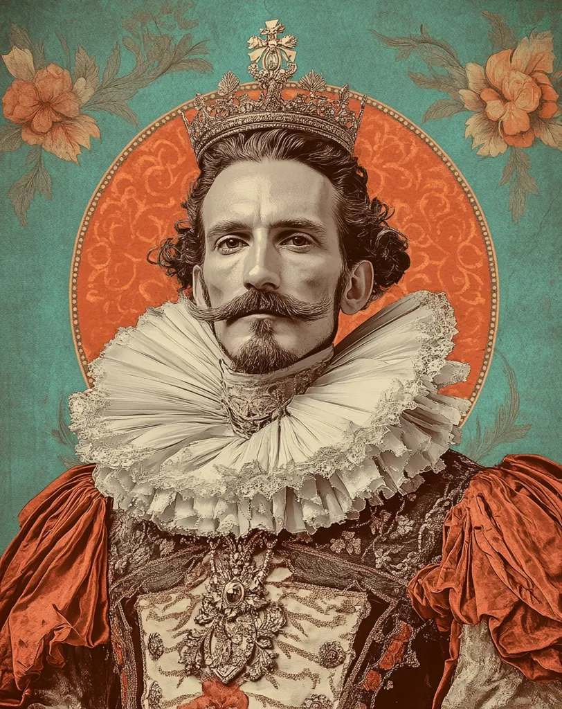 A regal portrait depicts a man crowned in gold, adorned in an elaborate ruff and richly embroidered garments.  His attire is reminiscent of 17th-century European royalty.  He sports a prominent mustache, and his expression is serious and dignified. The background features a stylized sunburst and floral motifs, enhancing the image's ornate and aristocratic aesthetic.  The sepia-toned palette adds to the antique feel.