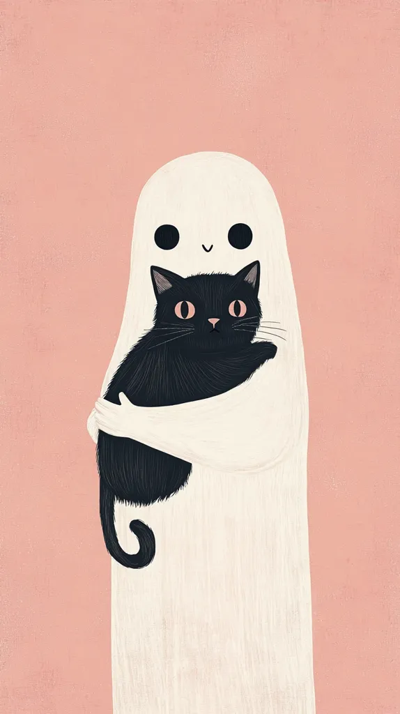 A minimalist illustration depicts a friendly ghost cradling a black cat.  The ghost, rendered in creamy white, has simple, expressive features.  The black cat, with large, pink-rimmed eyes, is nestled securely in the ghost's embrace. The pastel pink background complements the soft, gentle aesthetic of the image. The overall style is cute and comforting.