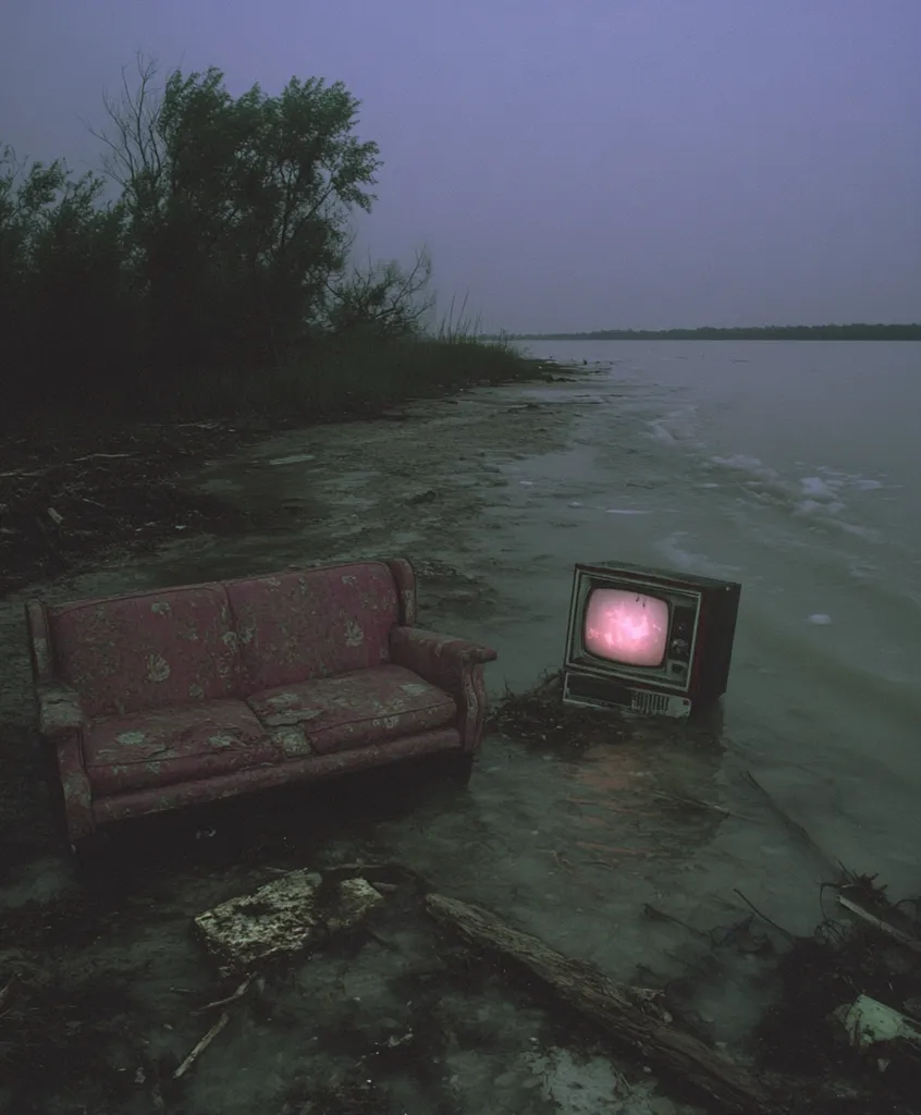 A dilapidated couch and vintage television sit on a muddy, flooded riverbank at dusk.  The water laps at the shoreline, debris litters the ground, and the overall scene evokes a feeling of abandonment and decay. The television's screen glows faintly, adding a surreal element to the desolate landscape. The dark, muted colors contribute to the melancholic atmosphere.