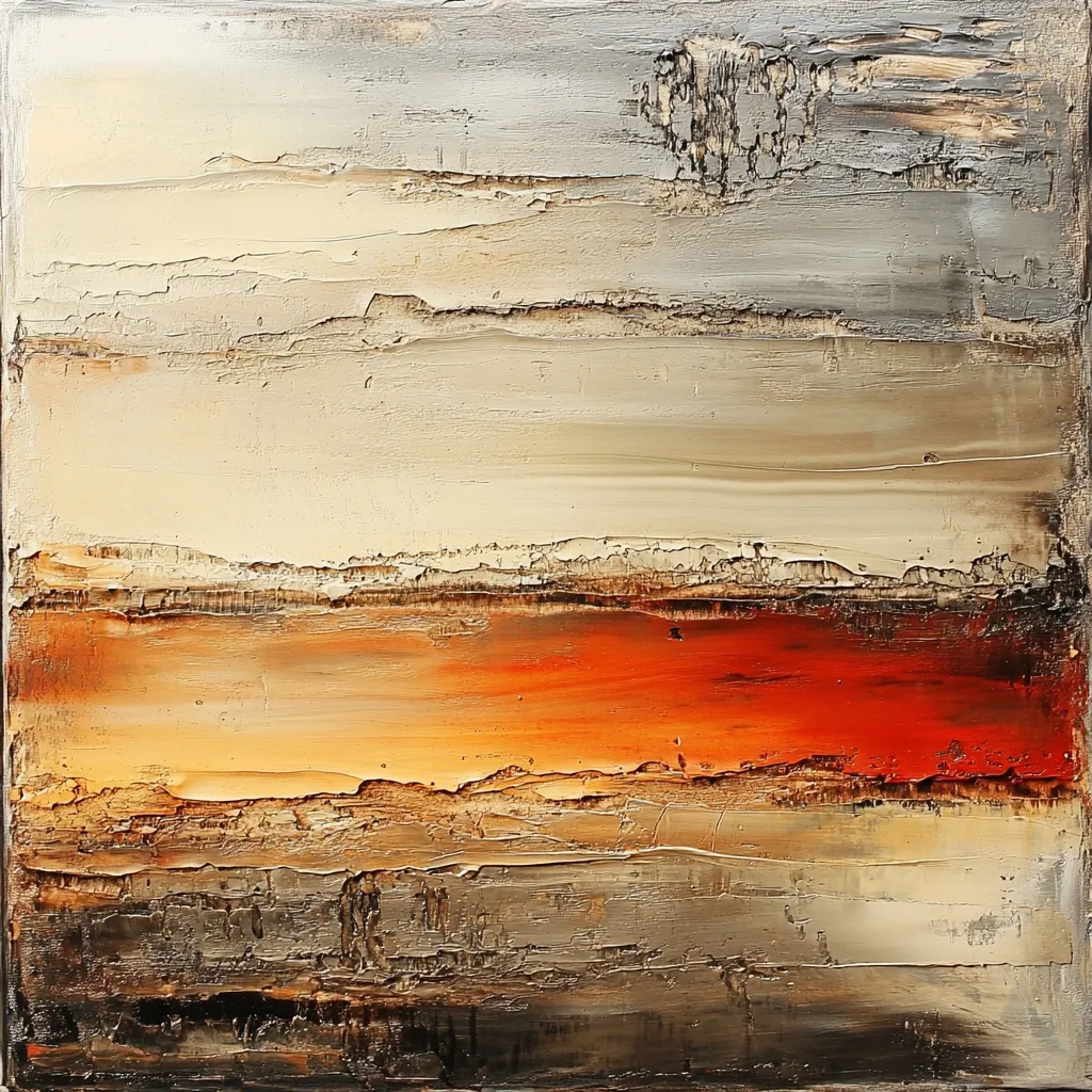 This abstract painting uses a palette of warm and cool earth tones.  Thick, textured layers of paint create a sense of depth and movement, resembling a landscape.  Grays and off-whites dominate the upper sections, transitioning to oranges and browns in the lower half. The impasto technique adds a tactile quality, emphasizing the interplay of light and shadow across the canvas.  The overall effect is one of serene, yet powerful, beauty.