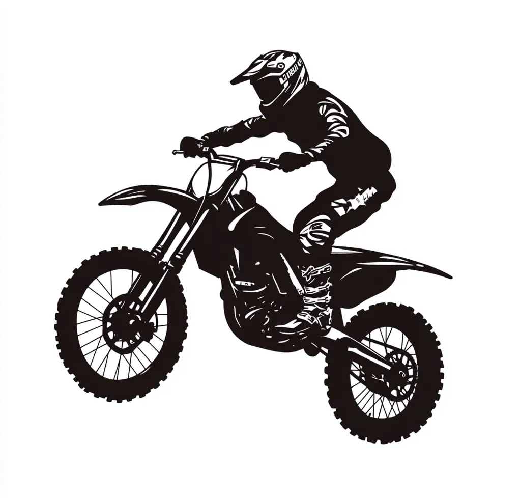 A black and white illustration showcases a motocross rider in mid-air.  The rider, fully geared in helmet and protective clothing, is powerfully positioned on their dirt bike. The silhouette style emphasizes the dynamism of the sport, capturing a moment of intense action and speed.  The bike's wheels are clearly defined, suggesting motion and the thrill of the jump.