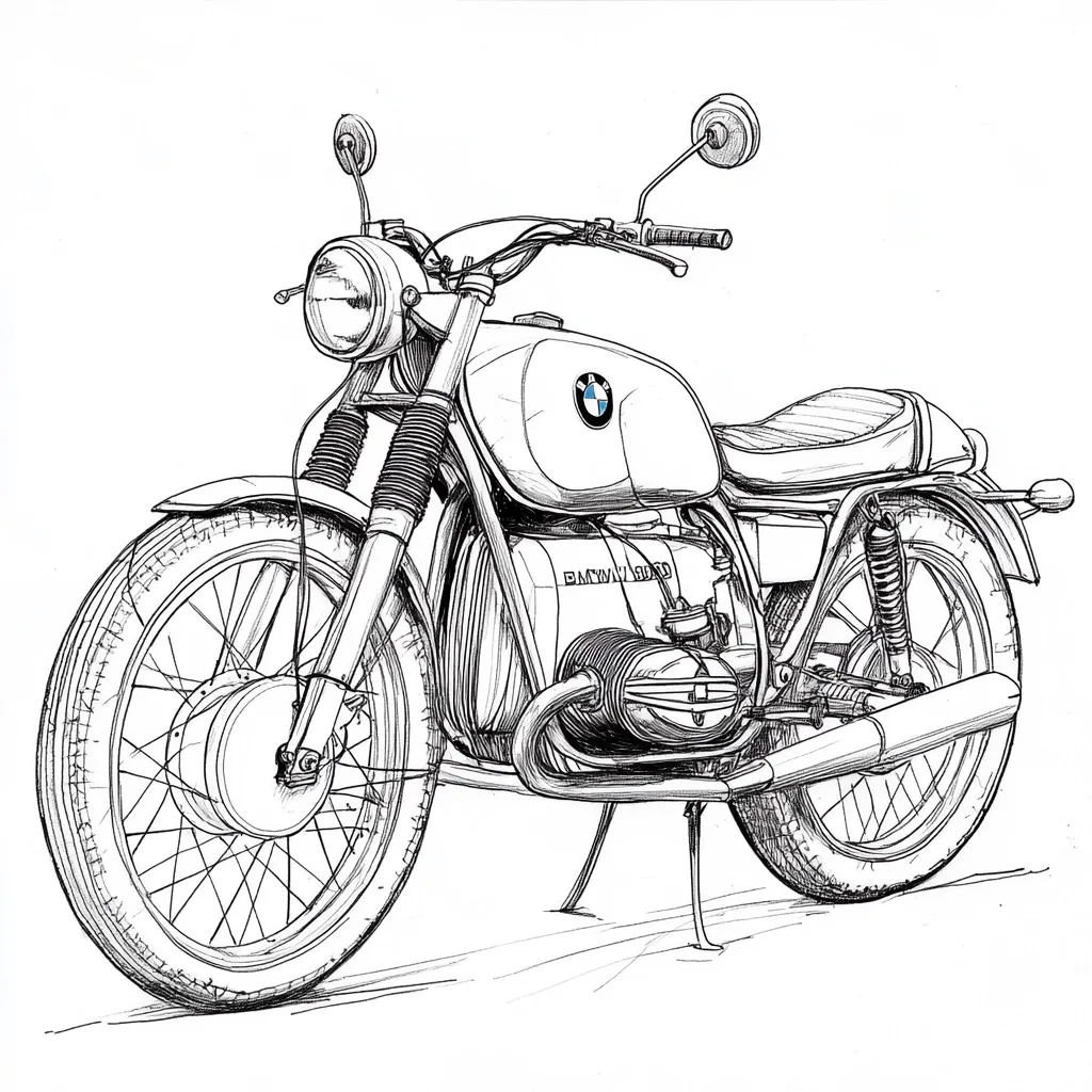 A detailed ink drawing showcases a classic BMW R series motorcycle.  The illustration highlights the bike's iconic design, from its spoked wheels and prominent engine to the curved fuel tank bearing the BMW logo.  The meticulous linework captures the motorcycle's mechanical details and overall aesthetic, creating a realistic yet stylized representation.  The perspective offers a three-quarter view, emphasizing the machine's form and presence.