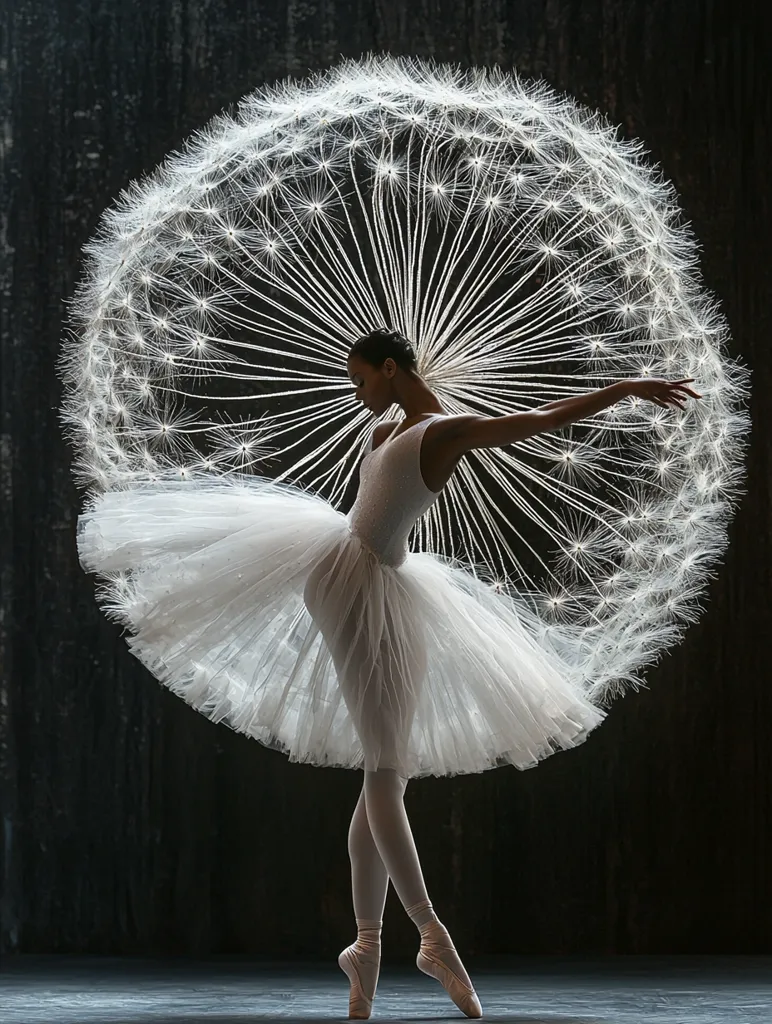 A ballerina, poised in a graceful pose, is centered within a large dandelion seed head. Her white tutu and pointe shoes contrast elegantly against the dark background.  The delicate dandelion seeds create a breathtaking halo around her, highlighting her slender form and the ethereal quality of the scene.  The image is a powerful blend of nature and art.