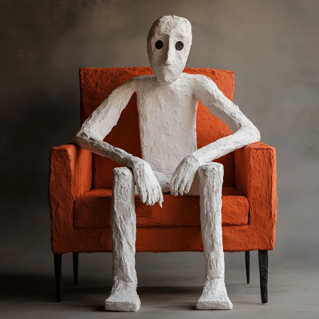 A textured white figure, resembling a person with simplistic features, sits in a burnt orange armchair.  The figure's body and limbs are sculpted with a rough, uneven surface, contrasting with the smoother chair.  The scene is set against a neutral gray backdrop, creating a stark yet contemplative mood. The overall style suggests a piece of contemporary sculpture or art.