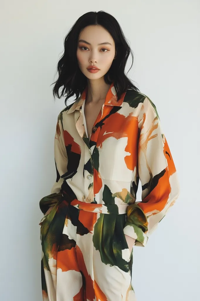 A woman with dark shoulder-length hair models a stylish jumpsuit. The garment features a loose-fitting, collared shirt-style top and wide-legged pants, all in a striking abstract print of orange, green, and cream. The print resembles bold brushstrokes of paint. The model's makeup is minimal and natural, complementing the outfit's modern aesthetic.