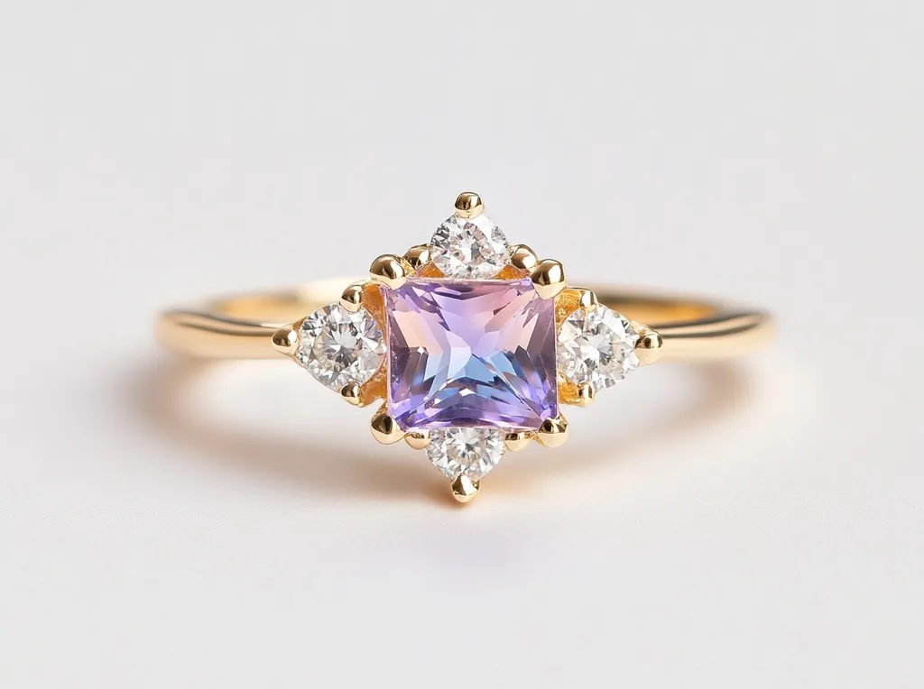 A delicate gold ring features a radiant, square-cut purple gemstone at its center.  Smaller, brilliant-cut diamonds are symmetrically arranged around the main stone, creating a starburst effect. The ring's band is thin and understated, allowing the vibrant centerpiece to take center stage. The overall design is elegant and sophisticated.