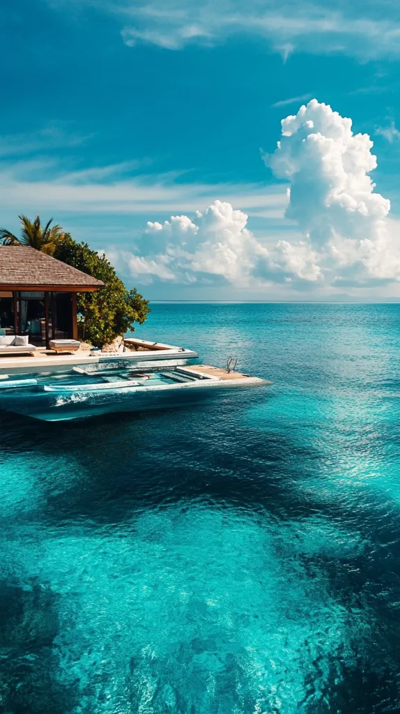 A luxurious overwater bungalow sits on stilts above a crystal-clear turquoise ocean.  The bungalow features a private infinity pool that seamlessly blends with the sea.  A wooden deck extends into the water, providing access for swimming.  The bright blue sky is dotted with fluffy white clouds, creating a picturesque tropical scene.
