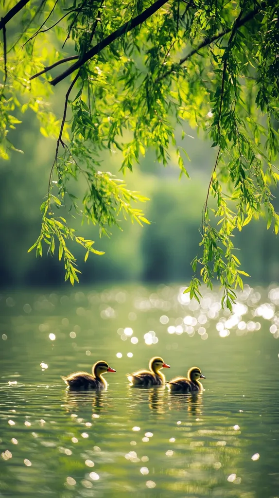 Three ducklings swim peacefully across a calm, sun-dappled pond.  Overhanging willow branches with vibrant green leaves create a natural canopy, casting dappled sunlight on the water's surface. The scene is serene and idyllic, evoking a sense of tranquility and the beauty of nature.  The ducklings are small and appear to be very young.