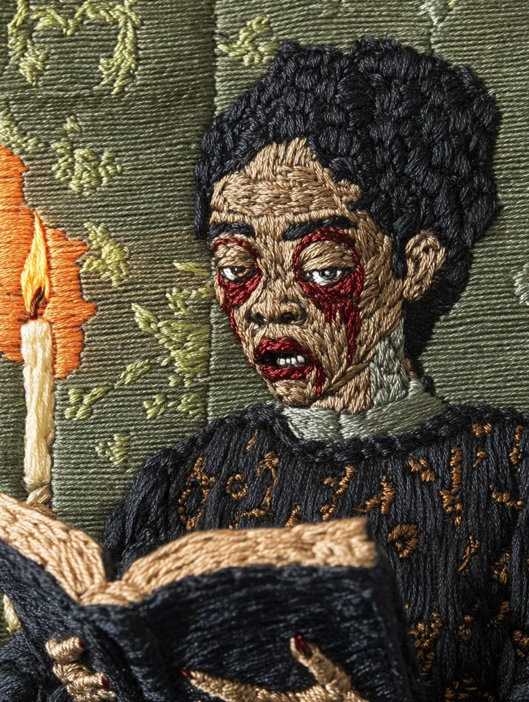 A detailed embroidery depicts a person with dark skin and short hair, seemingly undead, with blood streaming down their face.  They are seated, reading a large, dark book illuminated by a candle. The background features an intricately embroidered green fabric with a pattern. The style is reminiscent of a religious painting, yet unsettling due to the figure's appearance. The stitching is incredibly fine and lifelike, capturing texture and detail.