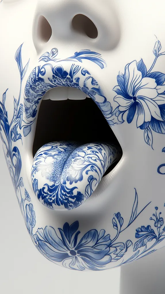 A close-up of a porcelain sculpture depicting a face with an open mouth and tongue. The face is adorned with a blue and white floral pattern reminiscent of traditional Chinese porcelain designs.  The detail is intricate, showcasing the artistry of the piece. The open mouth and tongue emphasize a sense of expression and vulnerability.