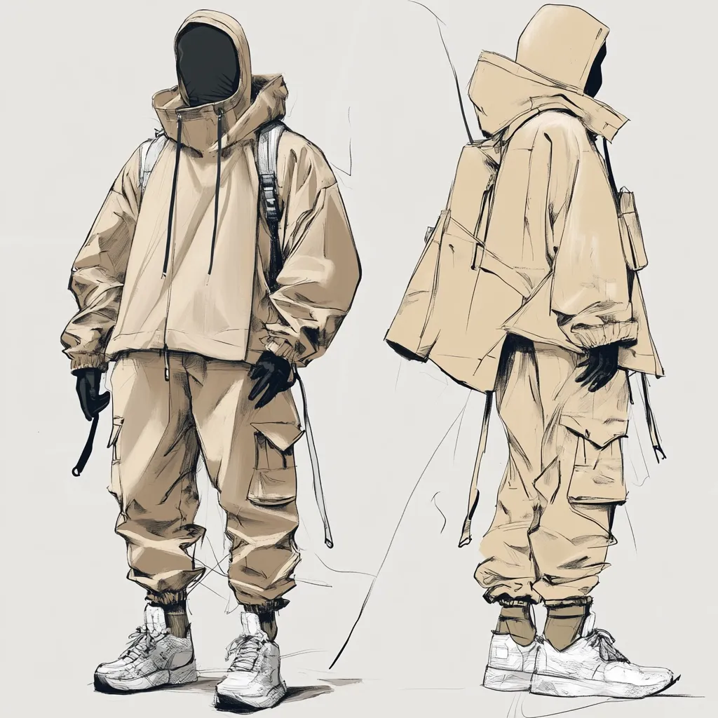A fashion illustration showcases a beige hooded jacket and cargo pants ensemble.  The model is depicted in two poses, front and side, offering a complete view of the outfit.  The style is relaxed and utilitarian, with the clothing featuring a relaxed fit and functional pockets.  The muted beige tones and sketched style create a modern and understated aesthetic.  White sneakers complete the look.