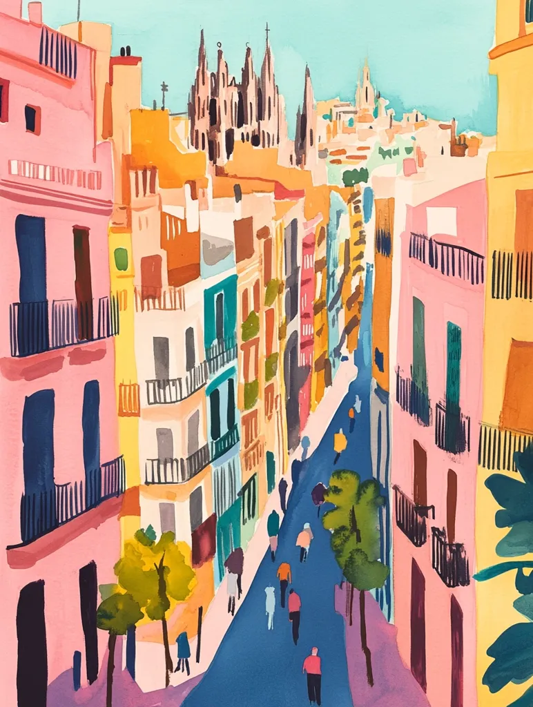 A vibrant, stylized painting depicts a bustling street scene in a European city, possibly Barcelona.  Brightly colored buildings line a narrow street, their balconies overflowing with life.  Pedestrians stroll along the path, their figures simplified yet dynamic. In the distance, a grand cathedral rises above the cityscape, a focal point of the lively composition. The artist employs bold strokes and a limited palette to create a sense of warmth and movement.