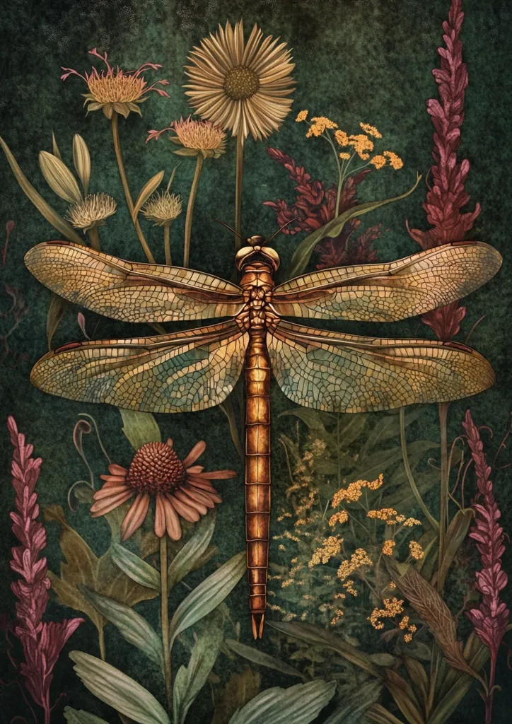 A meticulously detailed illustration showcases a dragonfly, its wings exhibiting a mosaic of earthy tones, positioned centrally amongst a lush array of wildflowers.  The botanicals, rendered in muted greens, browns, and deep reds, create a rich, textured background.  The overall aesthetic is reminiscent of vintage botanical prints, with a dark, moody palette emphasizing the intricate details of both insect and flora.