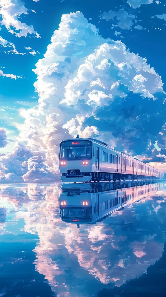 A long white train travels across a tranquil, reflective surface under a vibrant blue sky filled with fluffy white clouds.  The scene is surreal and dreamlike, with the train's reflection perfectly mirroring its journey. The overall aesthetic is peaceful and evokes a sense of wonder. The colors are soft and pastel, creating a calming and ethereal atmosphere.