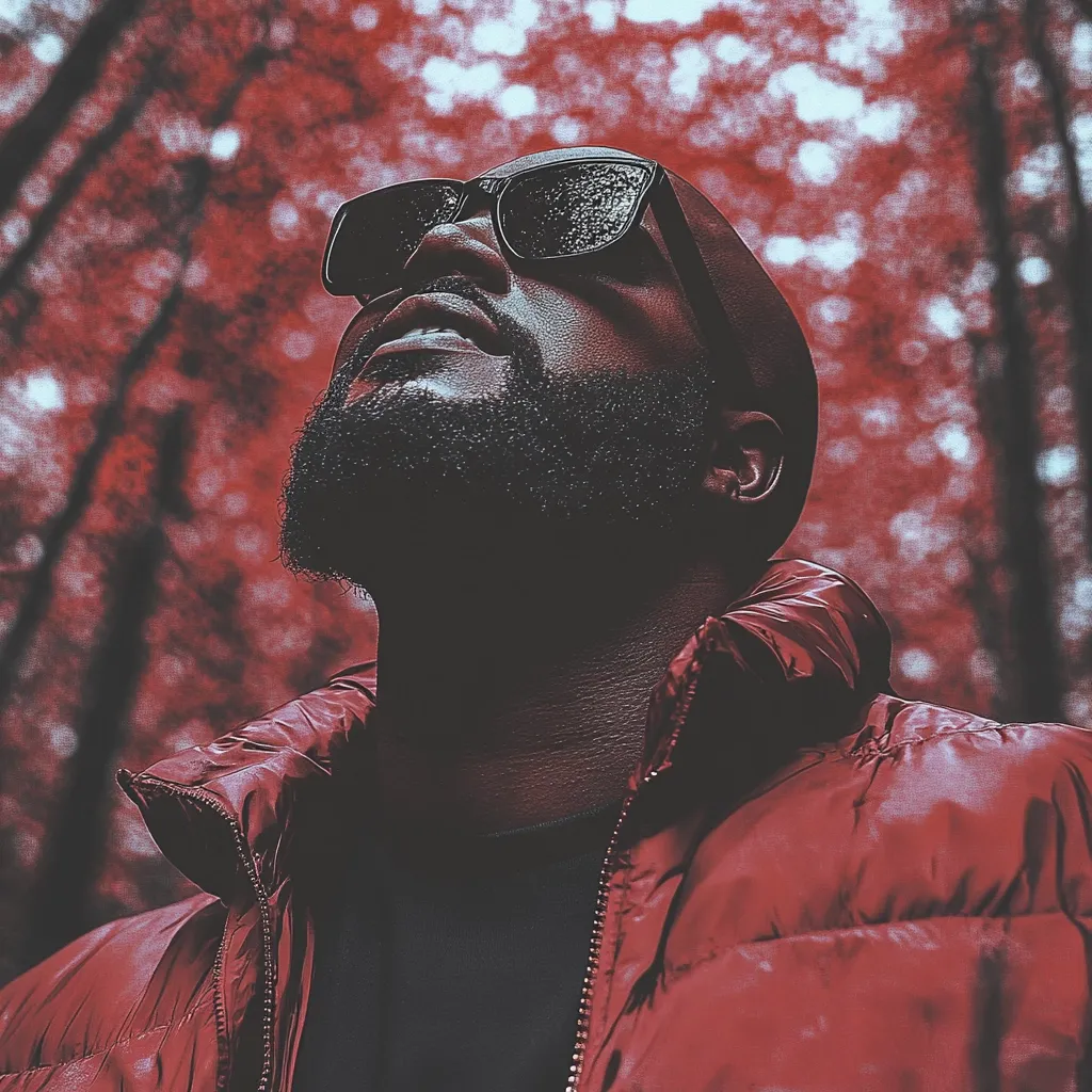 A dark-skinned man with a beard and sunglasses looks upward.  He's wearing a red puffer jacket against a backdrop of blurred red and white foliage, suggesting an autumnal setting. The image has a moody, cinematic feel, with a focus on the man's contemplative expression.  The raindrops on his glasses add a touch of atmospheric detail.