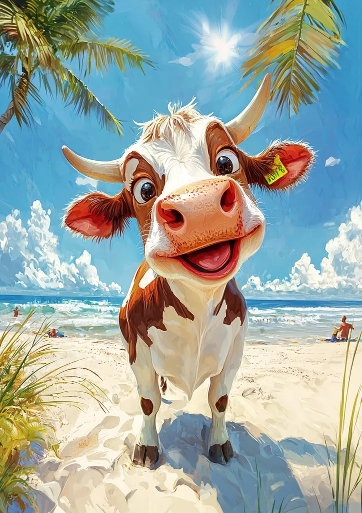 A cheerful cartoon cow with large expressive eyes and a wide smile is featured in a close-up perspective.  The cow stands on a sandy beach, under a bright sunny sky, with palm trees and ocean waves in the background.  A few people are visible in the distance, enjoying the beach. The overall style is vibrant and playful, reminiscent of children's illustrations.