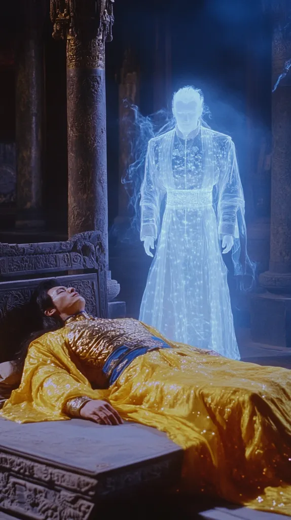 A man in a vibrant yellow robe lies recumbent on a stone slab, seemingly deceased.  A translucent, glowing blue figure, resembling a spectral man in ancient Chinese attire, hovers nearby, creating an ethereal and otherworldly scene within a dimly lit, ancient-looking chamber.  The atmosphere is one of mystery and possibly spiritual transition.