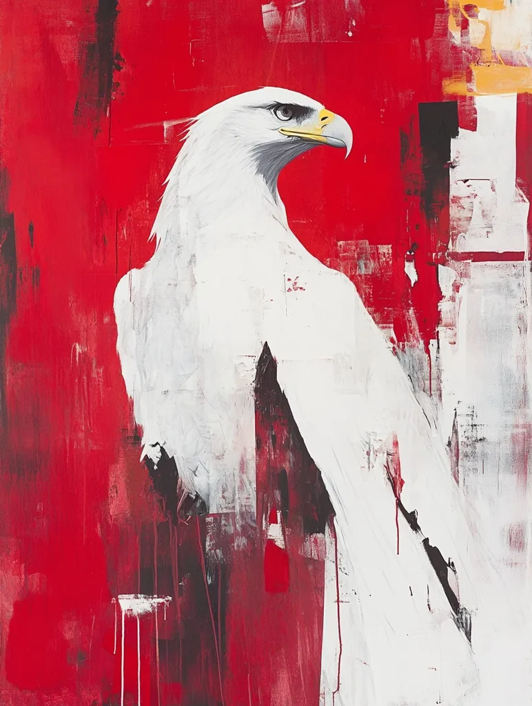 A striking abstract painting features a white eagle profile against a bold red background.  The eagle is rendered with a realistic style, contrasting sharply with the expressive, gestural brushstrokes of the red and black backdrop.  The composition is dynamic, with the eagle's form suggesting movement and strength. The interplay between the sharp detail of the bird and the loose, energetic background creates a powerful visual impact.
