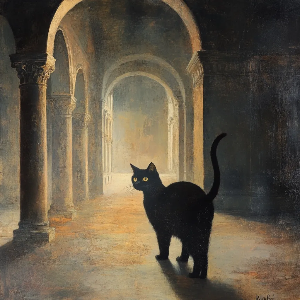 A black cat with luminous eyes stands in a dimly lit, arched hallway.  The ancient architecture, with its tall columns and receding perspective, creates a sense of mystery and grandeur.  The cat is the focal point, its dark silhouette contrasting with the muted tones of the stone.  The overall mood is one of quiet contemplation and subtle drama.