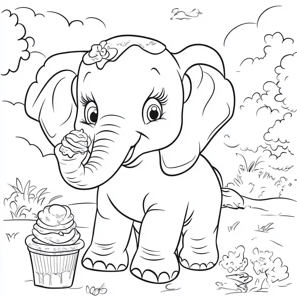 A cute baby elephant, adorned with a flower on its head, stands in a whimsical landscape.  It happily holds a cupcake, a smaller cupcake sits on the ground nearby.  The scene is idyllic, with simple trees and grass, perfect for coloring.  The elephant's large eyes and gentle expression add to its charm.  The drawing style is simple and child-friendly.