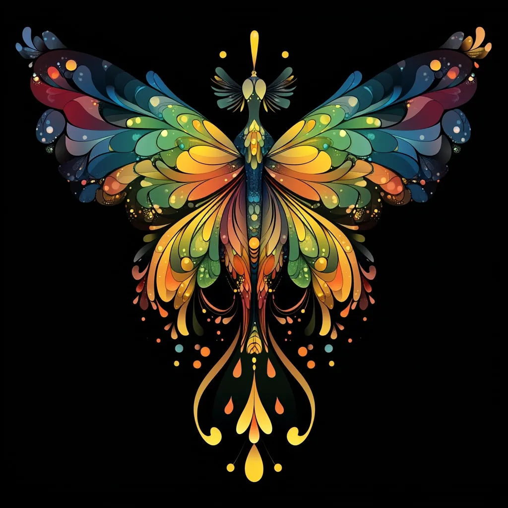 A vibrant, stylized butterfly dominates the black background. Its wings are a kaleidoscope of swirling, multicolored patterns in shades of yellow, orange, green, blue, and red.  Intricate details and ornate flourishes adorn the wings and body, creating a sense of fantasy and elegance.  The design is symmetrical, with a central body tapering into a decorative tail. The overall effect is one of dazzling beauty and artistic complexity.