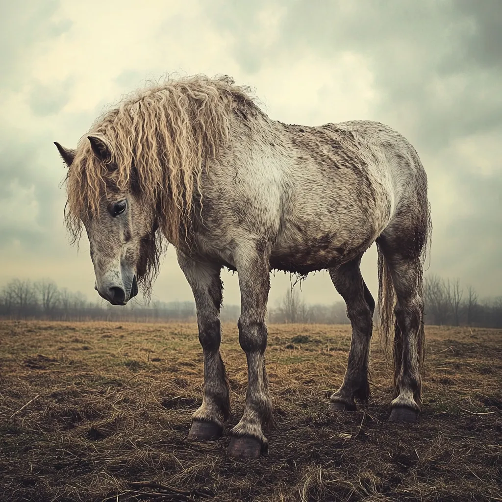 A lone, mud-caked horse stands in a field under a cloudy sky.  Its long, shaggy mane and coat are a light gray, tinged with dirt.  The horse appears weary, its head bowed slightly. The background is a muted landscape of brown grass and bare trees, adding to the overall melancholic atmosphere.